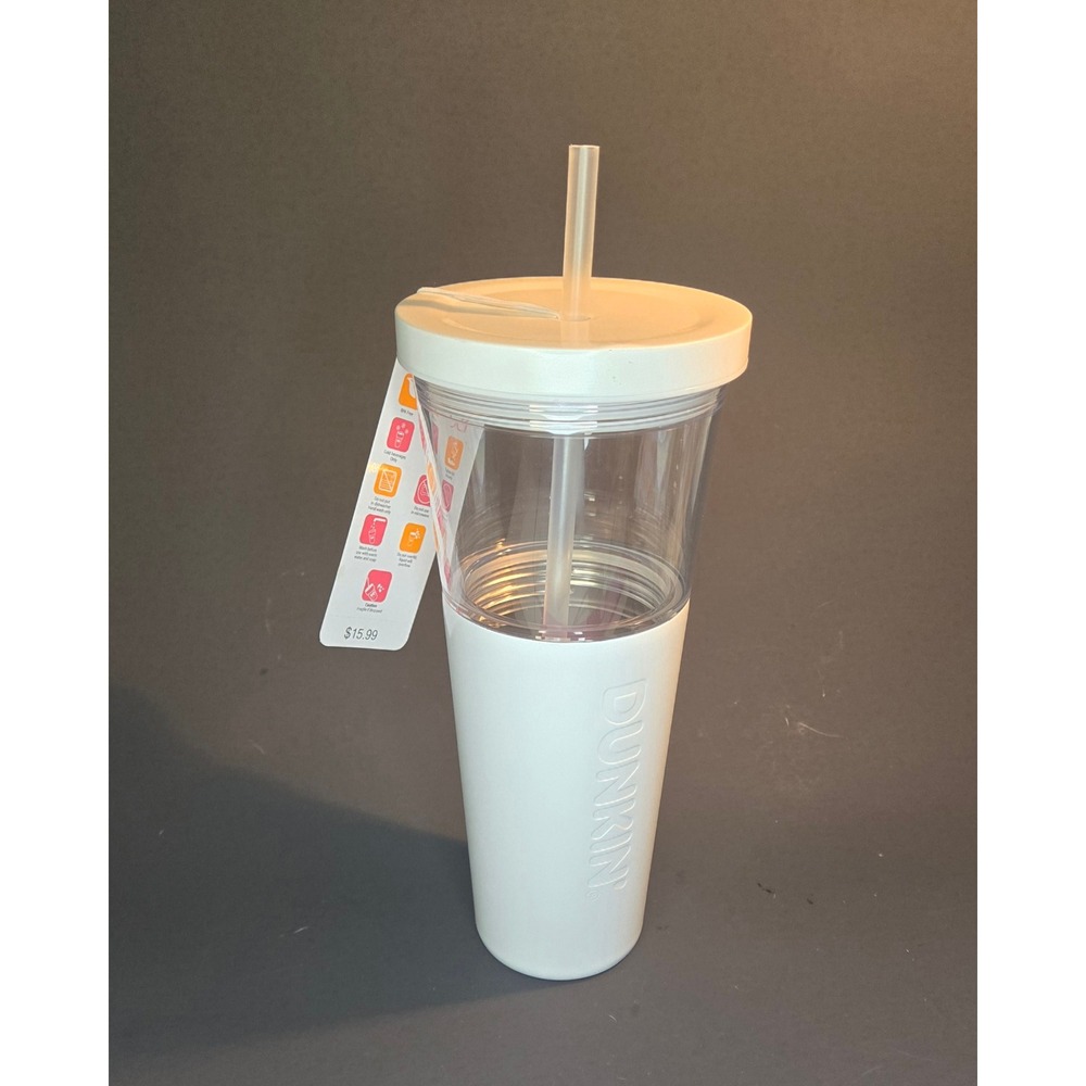 Dunkin Mixed Media Tumbler 28oz White Clear Cold Cup with Straw 914575 NEW
